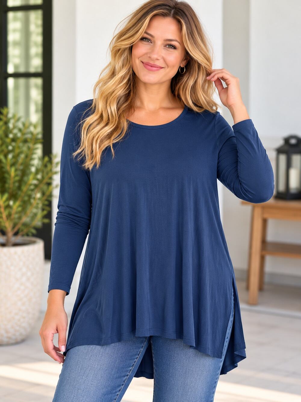 Eileen Fisher XL Blue Viscose Stretch Long Sleeve Tunic Top Made in USA